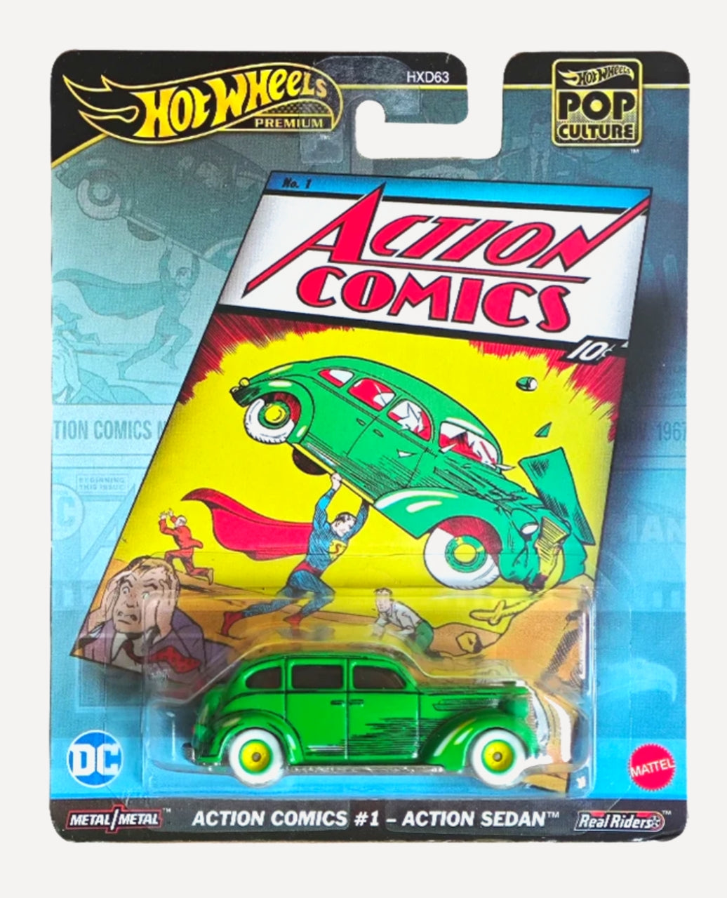 Hot Wheels Premium - ACTION COMICS #1- ACTION SEDAN | REAL RIDERS | Pop culture | HXD63